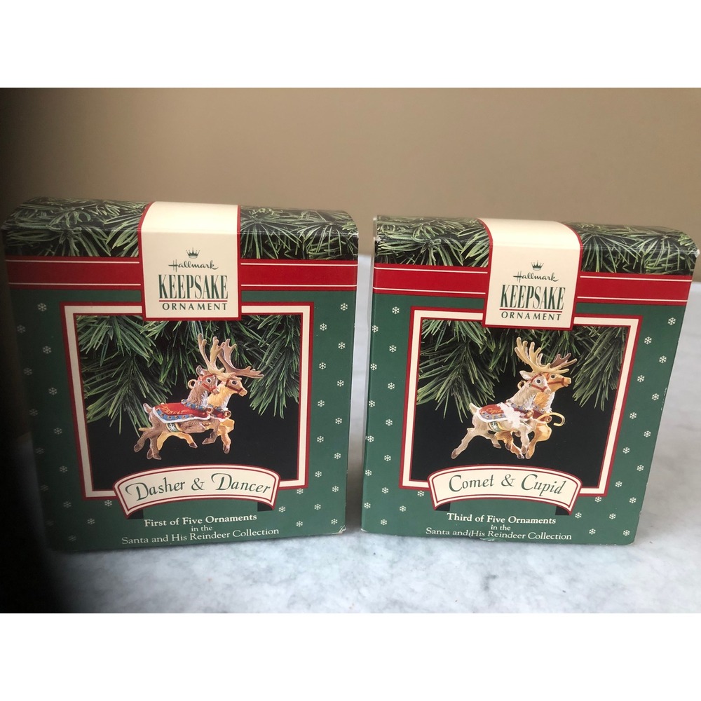1992 Hallmark Keepsake Ornaments Santa & His Reindeer Dasher Dancer Comet Cupid